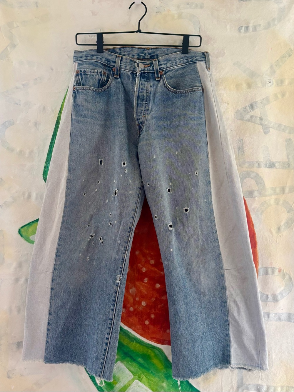 B SIDES Vintage Cowboy Upcycled Light Blue Distressed Wide-Leg Jeans